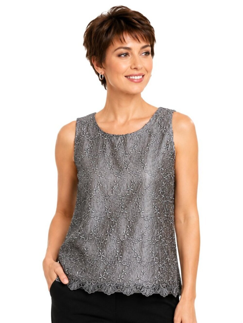 Liz Claiborne Grey Metallic Embroidered Scallop Hem Top